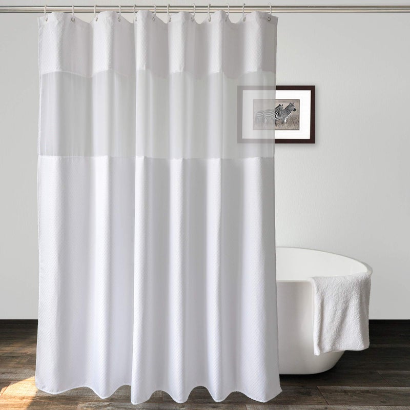 UFRIDAY White Waffle Weave Fabric with Mesh Window, Extra Long Shower Curtains 84 inch,Heavy Duty Decorative Bathroom Curtain with White Pique Pattern, Spa-Like Hotel Luxury, Water-Repellent - Image 1